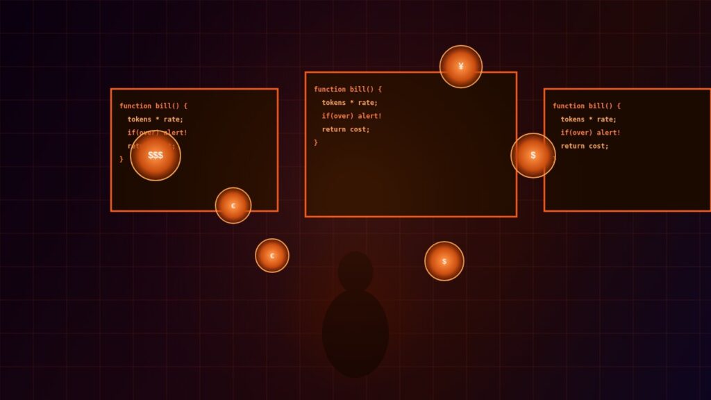 Desenvolvedor analisando telas de código com tokens e símbolos de cobrança flutuando em ambiente futurista laranja
